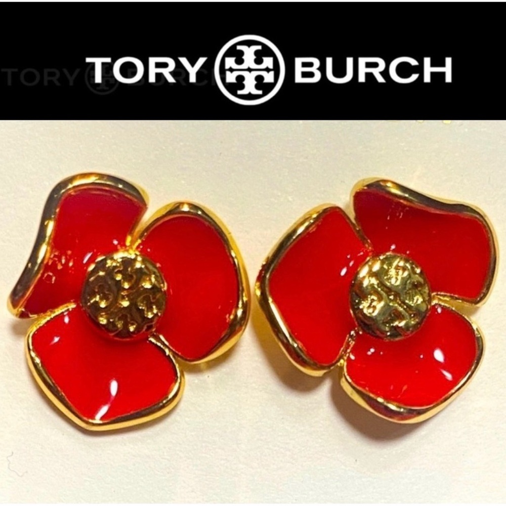9AJ: TORY BURCH Red Flower w/Gold Trimming Earrings, NWOT